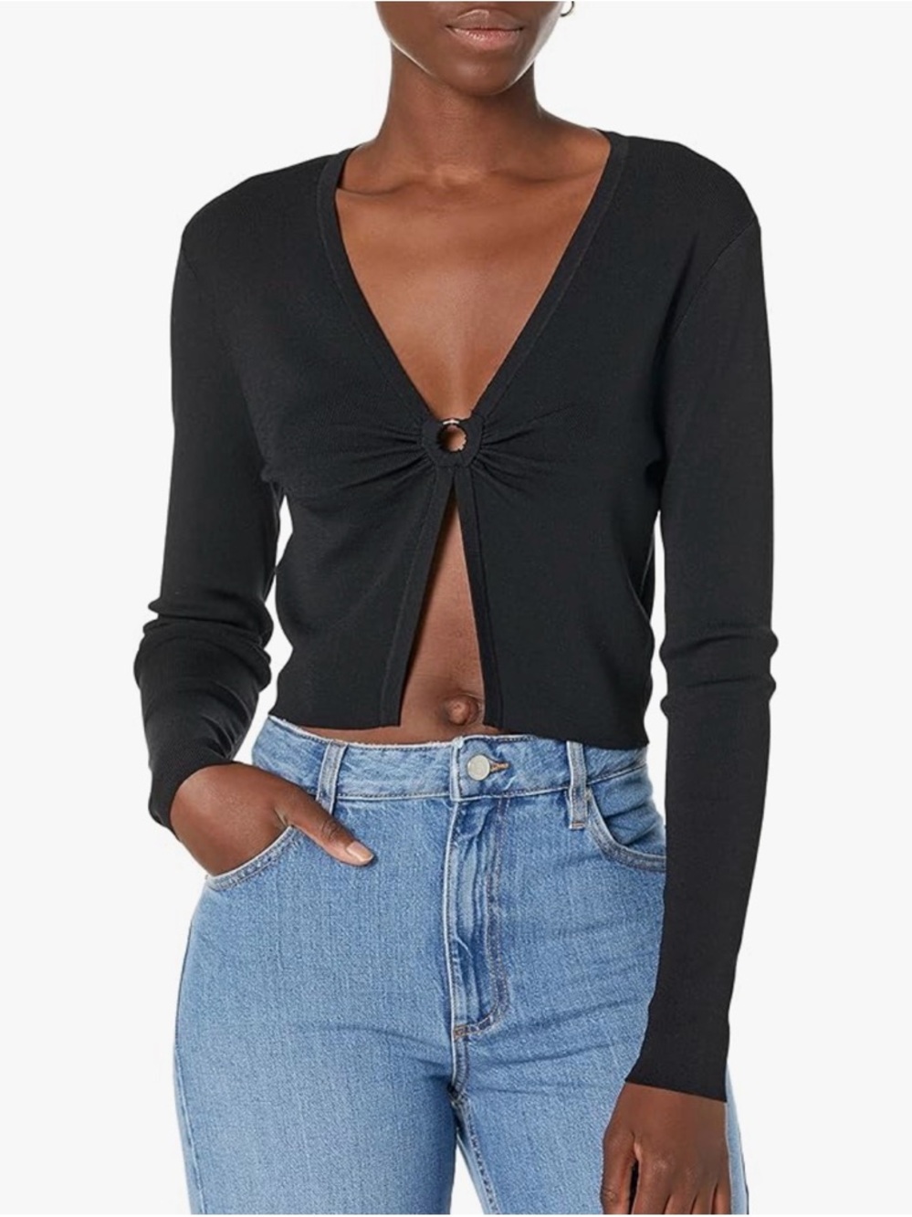 Long Sleeve Open Front Crop Top with Ring Detail